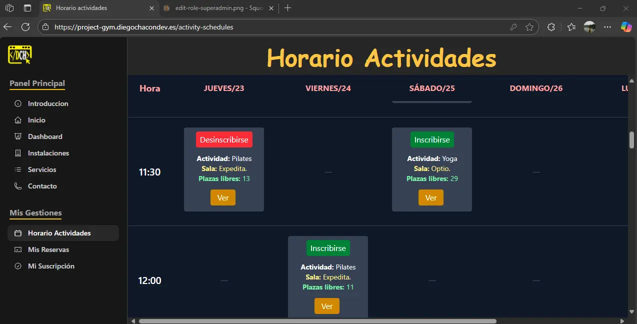 horarios de las actividades del gimnasio